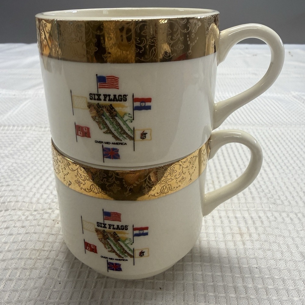 Rate Vintage 60s Six Flags Over Mid America Coffee Tea Mug Gold Trim Cup USA